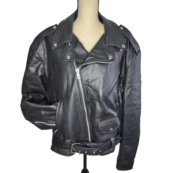 Excelled Promo Crate Embossed Leather Motorcycle Biker Jacket Sz 48 USA VTG 80s - Picture 2 of 16